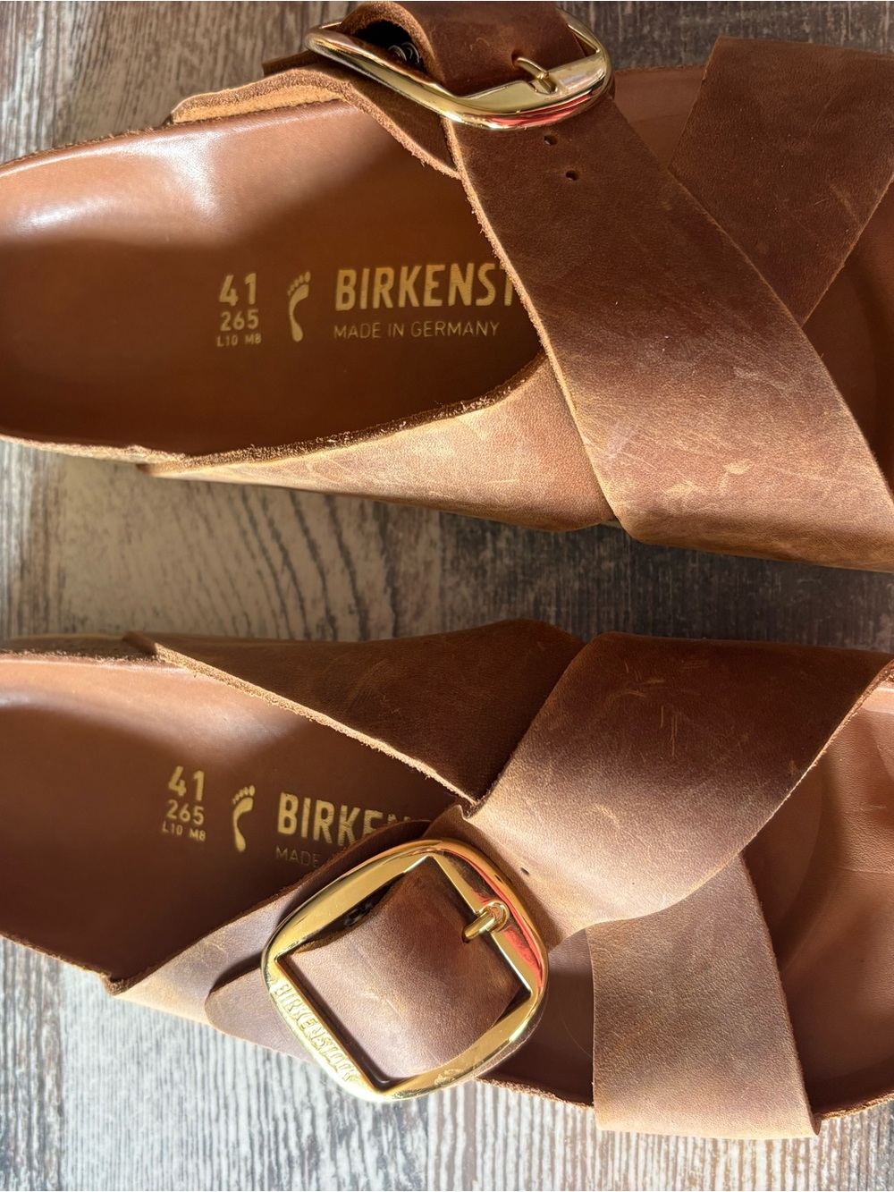 Birkenstock Brown Leather Cross-Strap Mules with Gold Buckles